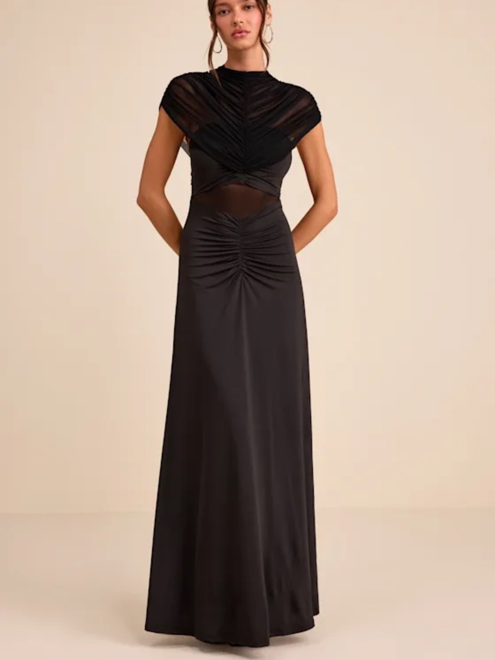 Lulu's Murielle Black Mesh Ruched Maxi Dress